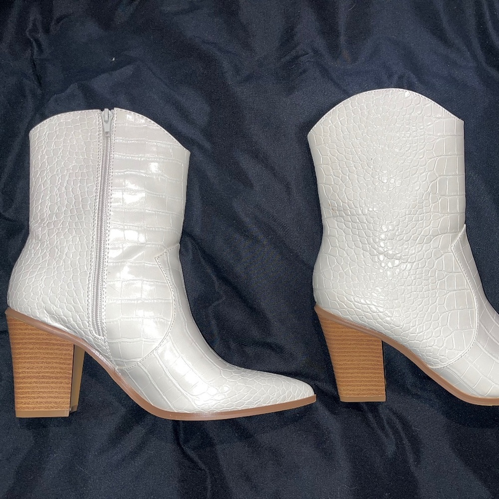 Faux Croc Block Heel Booties